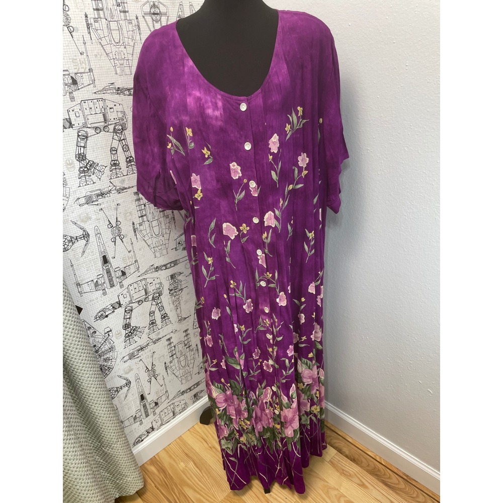 La Cera Maxi Dress Floral Tie Dye 3XL Fuchsia Purple Button Front Rayon Boho